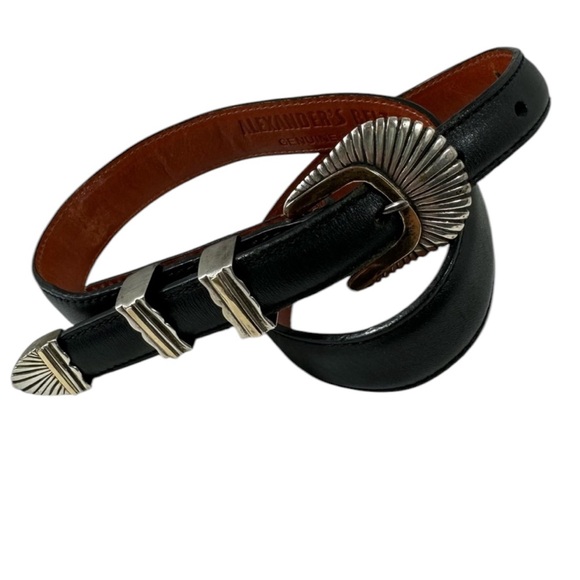Genuine vintage ALEXANDER'S BELTS sterling silver with 14k black leather belt 26 - Picture 1 of 15